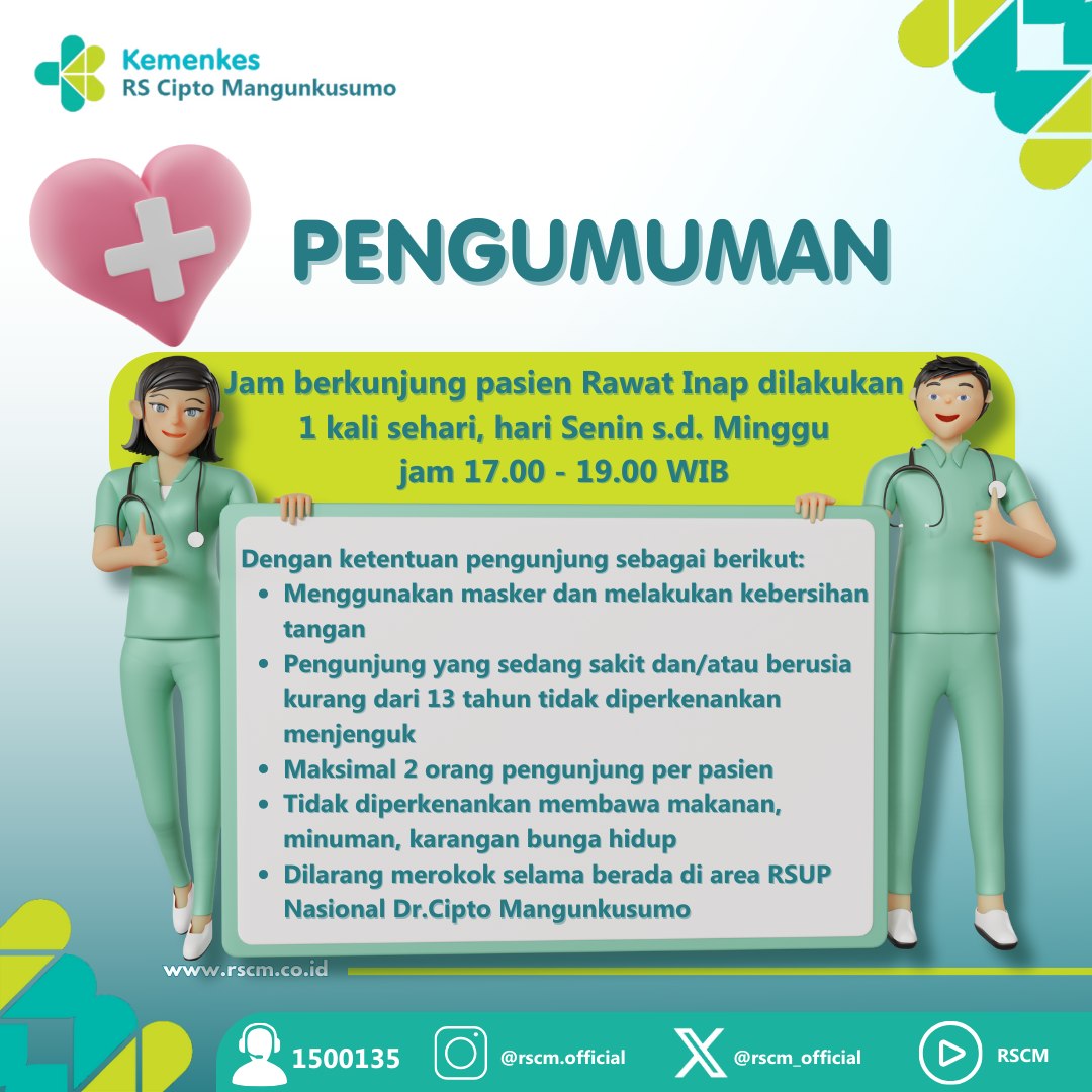 PENGUMUMAN PENTING! 

Halo Sobat Sehat RSCM, jam berkunjung pasien rawat inap di…